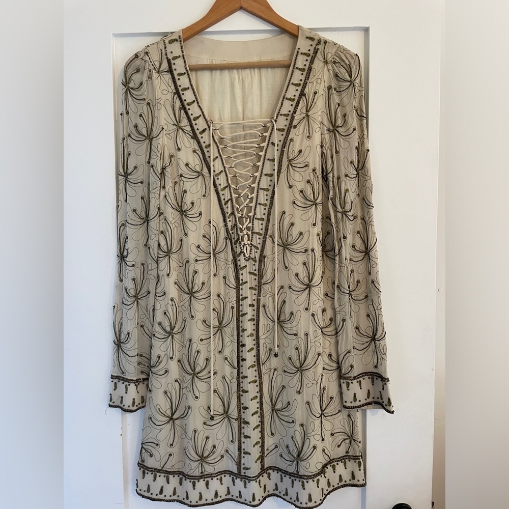 Free People Gold and Cream Beaded  Long Sleeve Dress